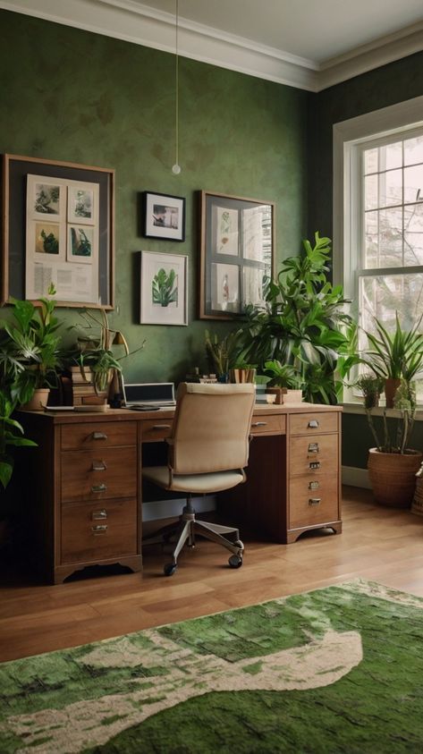 Home Office Earthy, Sophisticated Office Design, Earthy Office Design, Green And Blue Office, Moody Study Room, Narrow Office Space Ideas, Green Office Space, Study Room Designs, Coaching Office