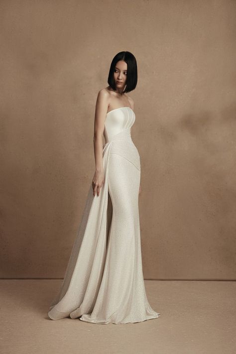 Wedding Dress Column, Wedding Dresses 2023, Wona Concept, Low Back Wedding Dress, Mikado Fabric, Short Bride, Milly Dress, Sophisticated Bride, Back Wedding Dress