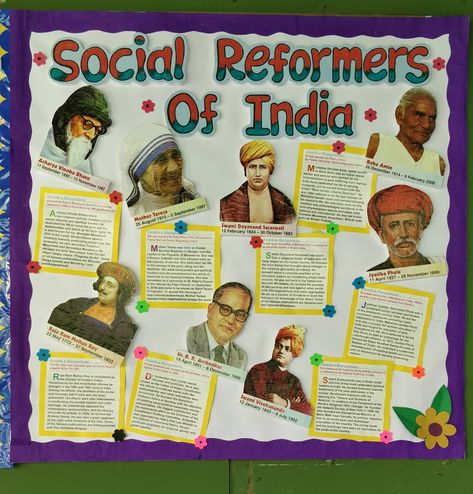 Social Reformers of India 🇮🇳 School bulletin board ideas Freedom Fighters Project Ideas, Charts For School Notice Board, Social Bulletin Board Ideas, Social Reformers Of India Chart, School Notice Board Ideas Student, Social Exhibition Ideas, India Bulletin Board Ideas, Social Science Chart Ideas, Social Science Tlm Ideas