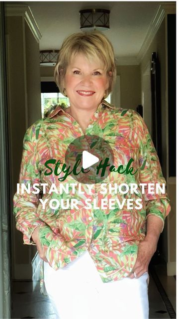 Ann Fulton on Instagram: "Easy Tip To Shorten Your Sleeves  👚Very few things make us look more frumpy and heavier than having your sleeves too long. Also, you want to avoid a straight line from where your sleeve ends and your hip/tummy area. Straight lines widen.  Of course you can roll, but that usually looks a little messy.  I found that if you turn back the cuff and button it “backwards” you end up with a version of a French cuff.  So simple and when you push up your sleeves, you look thinner and more friendly. It all has something to do with showing some of your arm and   This works on any garment that has a button cuff.  ✨I have on my Paige white jeans, a new J McLaughlin blouse and truly ancient Gabor sandals.✨ . . . #styletips #fashiontips #calcasjeans #styleinspiration #styletipsf How To Shorten Sleeves That Are Too Long, French Cuff, J Mclaughlin, Straight Line, Shortening, Straight Lines, Diy Clothes, Push Up, White Jeans