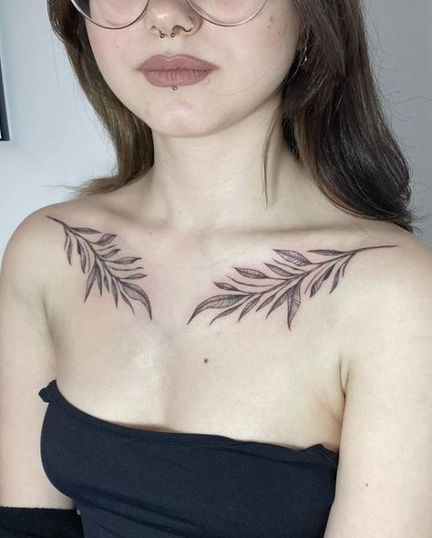 Plant Tattoos Collar Bone, Earthy Collarbone Tattoos, Collarbone Plant Tattoo, Symmetric Collarbone Tattoo, Collar Bone Tattoo Plants, Matching Collarbone Tattoo, Vine Tattoos Collar Bone, Fern Chest Tattoo Female, Chest And Collar Bone Tattoos