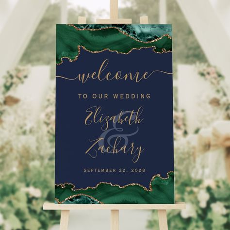 Emerald Green Gold Agate Navy Blue Wedding Welcome Foam Board Emerald Green And Navy Blue Wedding, Navy Blue Wedding Theme, Glitter Highlight, Navy Blue Wedding Invitations, Blue Themed Wedding, Navy Blue Wedding, Wedding Welcome Sign, Navy Blue Background, Welcome To Our Wedding