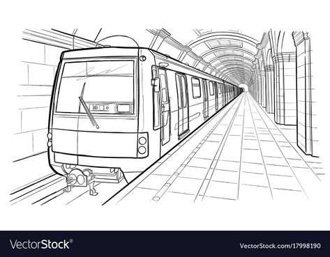 Train Station Perspective Drawing, Train Station One Point Perspective, Subway Perspective Drawing, One Point Perspective Railway Station, Train One Point Perspective, Subway Station Drawing, 1point Perspective Drawing, Train Perspective, Train Station Drawing