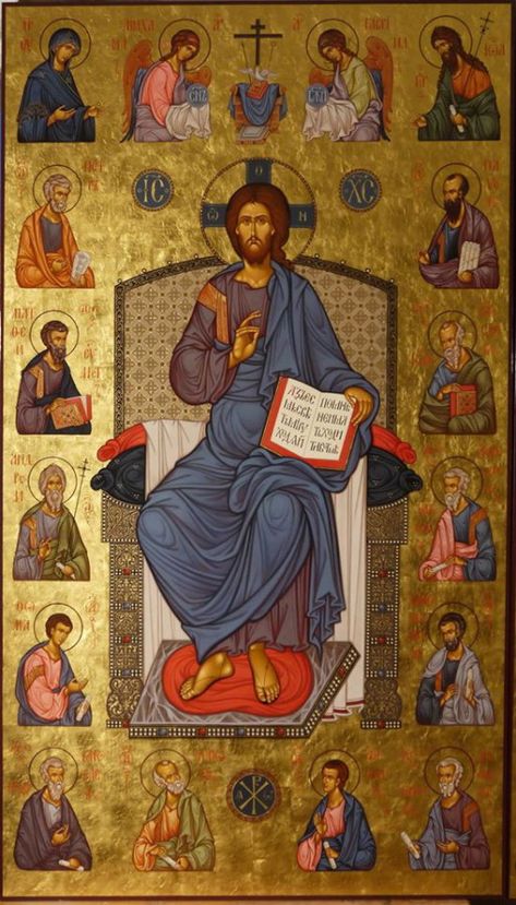 MAXIM SHESHUKOV, Christ Enthroned With Apostles. Egg tempera on gessoed panel. Eastern Orthodox Church, Holy Quotes, Orthodox Christian Icons, Christ The King, Faith Art, Byzantine Art, Byzantine Icons, Religious Images, Greek Orthodox