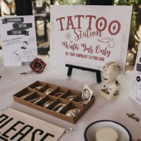 Wedding Unconventional Ideas, Funny Wedding Decorations, Fun Wedding Details Reception Ideas, Wedding Quirky Ideas, Wedding Tattoo Station Sign, Creative Wedding Table Decorations, Cheesy Wedding Ideas, Different Wedding Ideas Creative, Wedding Ending Ideas