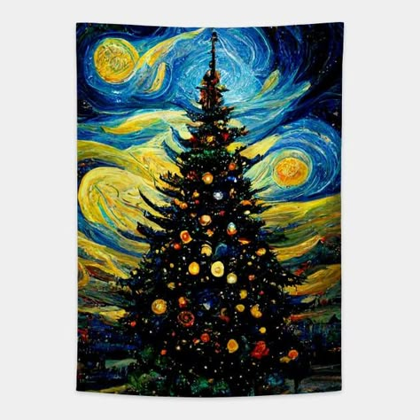 Christmas starry night painting inspired by Van Gogh - Christmas Art - Tapestry | TeePublic Van Gogh Christmas Art, Whimsical Christmas Paintings, Christmas Netherlands, Van Gogh Christmas, Christmas Starry Night, Start Night, Christmas Sketch, Starry Night Art, Starry Night Painting