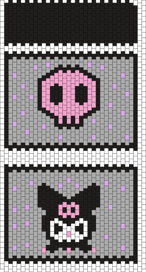 Kuromi Bead Pattern, Pony Bead Bag Pattern, How To Make A Kandi Bag, Beaded Boxes Pattern Free, Kandi Patterns Templates Bag, Kuromi Kandi Pattern, Sanrio Kandi Patterns, Small Kandi Cuff Patterns, Simple Kandi Pattern