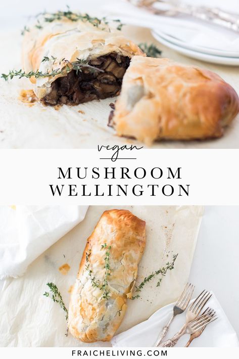 This Mushroom Wellington offers a vegan-overhaul of this impressive main dish to serve guests and is deceptively easy and really satisfying! #mushroomwellington #mushroomwellingtonrecipe #heartyveganrecipe #veganrecipe #veganfood Vegan Mushroom Wellington, Mushroom Wellington, Fraiche Living, Vegan Christmas Dinner, Vegetable Side Dishes Healthy, Vegan Gravy, Plant Based Recipes Dinner, Vegan Mushroom, Meatless Main Dishes