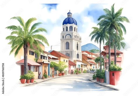 El Salvador Country Landscape Watercolor Illustration Art Stock Illustration | Adobe Stock Country Landscape, Landscape Watercolor, Country Landscaping, Country Art, Old City, Watercolor Landscape, Photo Illustration, Watercolor Illustration, Salvador