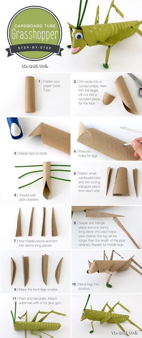 Step-by-step instructions on how to make a cardboard tube grasshopper. This is a fun craft for kids using recyclables. Crafts Kindergarten, Insect Crafts, Folding Origami, Toilet Paper Roll Crafts, Paper Roll Crafts, Cardboard Art, Cardboard Tubes, Fun Craft, Toilet Paper Roll