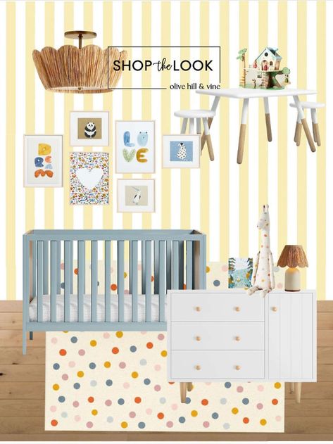 Introducing our Yellow & Blue Nursery! 🌟 Brighten your little girl's world with yellow & white striped wallpaper. Pair it with a pale blue crib, white dresser, and a 3-piece activity table set. Adorn the walls with cute art featuring "love", "dream", hearts, and charming animals. Complete the look with a scalloped raffia flush mount light. Follow my shop @OliveHillandVine on the @shop.LTK app to shop this post! Pale Yellow Nursery, Yellow Blue Nursery, White Striped Wallpaper, Girl's World, Blue Crib, White Dresser, Blue Nursery, Activity Table, Love Dream