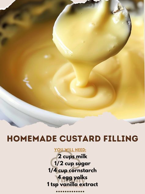 🍮🥛 Silky smooth custard for any dessert! #CustardFilling #CreamyDreamy 🍽️ Homemade Custard Filling - Creamy & Dreamy! 🛒 Ingredients: 2 cups milk 1/2 cup sugar 1/4 cup cornstarch 4 egg yolks 1 tsp vanilla extract 2 tbsp butter 👩‍🍳 Instructions: Heat Milk: In a saucepan, heat milk over medium heat. Whisk Eggs & Sugar: In a bowl, whisk egg yolks, sugar, and cornstarch. Temper Eggs: Pour a bit of warm milk into the egg mixture, then return to the saucepan. Cook Custard: Stir continuously unti... Recipes That Use Egg Yolks, Egg Yolks Recipes, Recipes With Egg Yolks, Cake And Custard, Vanilla Custard Recipe, Custard Recipe Easy, Egg Custard Recipes, Custard Recipe, Homemade Custard