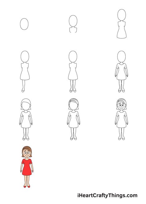 Cartoon People Drawings Simple, Women Easy Drawing, Easy Woman Drawing, How To Draw A Woman, How To Draw People Step By Step, Woman Drawing Easy, Kindergarten Drawing, Drawing Lessons For Kids, Cartoon Drawing Tutorial