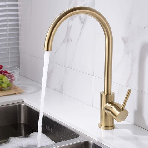 TRUSTMI Brass Single Lever Kitchen Sink Tap & Swivel C-Spout, Brushed Gold: Amazon.co.uk: Amazon.co.uk: Gold Taps Kitchen, Afro Glam, Gold Kitchen Faucet, Brass Kitchen Sink, Bar Sink Faucet, Kitchen Farm, Glam Kitchen, Gold Taps, Modern Luxury Kitchen