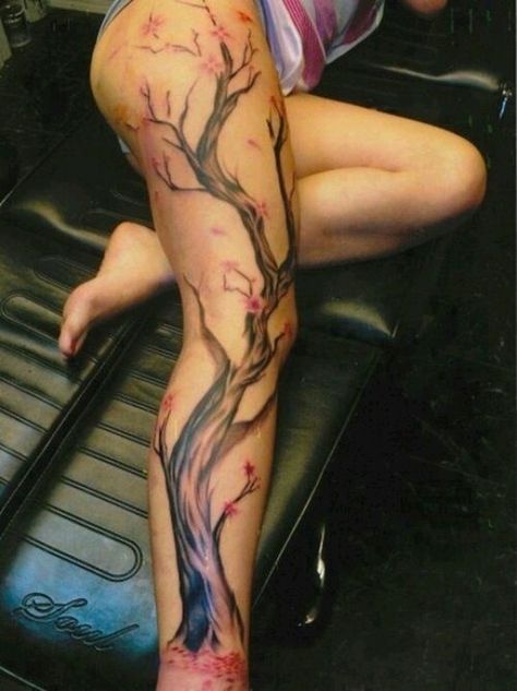 Close to something.I want. Cherry blossom tattoo on thigh. Cherry Blossom Tree Leg Tattoo, Cherry Blossom Back Tattoo, Tattoo Bein Frau, Cherry Blossom Tree Tattoo, Tatoo 3d, Blossom Tree Tattoo, Full Leg Tattoos, Tattoos Inspiration, Tree Tattoo Designs