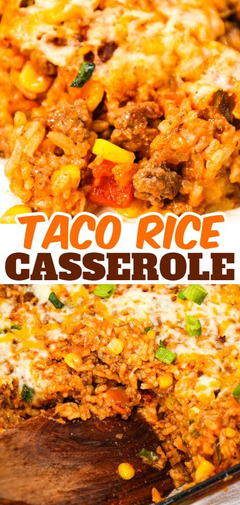 Cheesy Taco Ground Beef And Rice Crockpot, Taco Casserole With Rice Easy Recipes, Ground Beef Taco Sides, Burger And Rice Casserole, Taco Beef And Rice Casserole, Twice Baked Crispy Cheesy Taco Rice Casserole, Ground Beef Corn And Rice Recipes, Cheesy Taco Rice Casserole, Easy Taco Rice Casserole