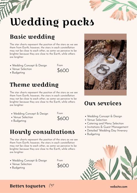 Pastel Better Together Wedding Planner Price List Party Planner Price List, Party Planning Price List, Event Planner Price List, Event Planning Pricing Packages, Wedding Price List, Reception Program, Wedding Planner Packages, Event Planers, Wedding Reception Program