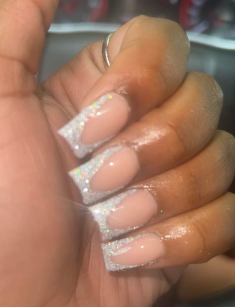 Sparkly White French Tip Nails Short, Glittery Silver French Tip, French Tip Nails With Silver Glitter, Glitter Polish French Tip, Gold And Silver French Tip Nails, French Nails For Prom, Glitter Chrome French Tip Nails, Glitter French Short Nails, Silver And White Nails Short