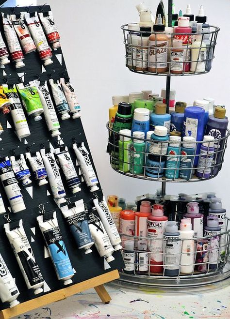 Art Supplies Storage & Organization, acrylic paint, paint tubes | www.DianaDellos.com Home Art Studios, Rangement Art, Art Studio Storage, Types Of Paint, Art Studio Space, Art Supplies Storage, Art Studio Organization, Art Studio Room, Art Supply Organization