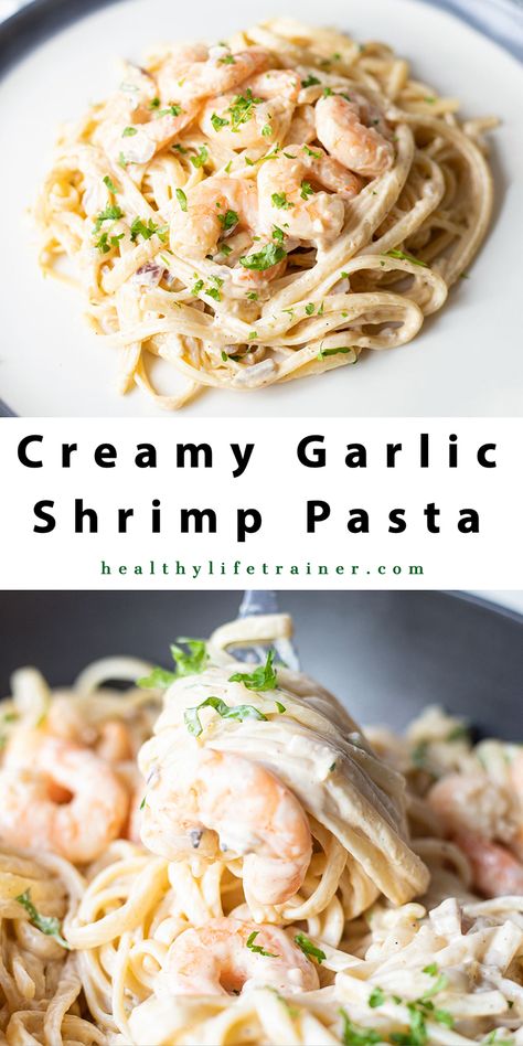 Creamy Garlic Butter Shrimp Pasta, Shrimp Pasta Heavy Cream, Garlic Parm Shrimp Pasta, Macro Friendly Shrimp Pasta, Dairy Free Shrimp Pasta Recipes, Gluten Free Shrimp Pasta, Dairy Free Shrimp Pasta, Creamy Garlic Butter Shrimp, Creamy Garlic Shrimp Pasta