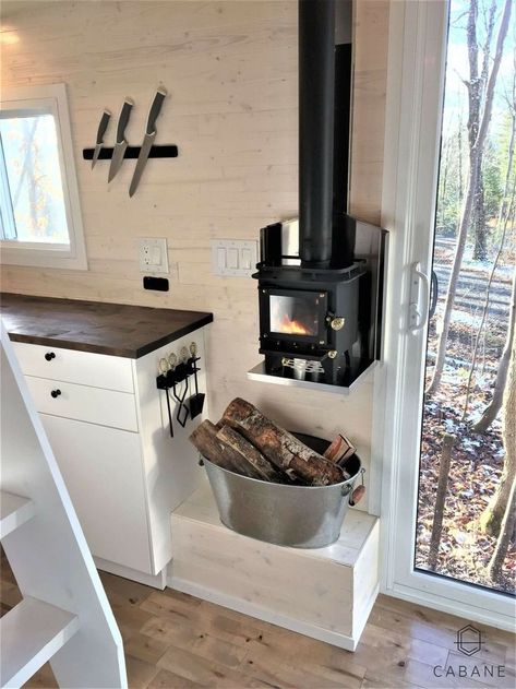 Placement and size of stove. Wood Stove In Camper, Small Wood Burning Stove Tiny House, Small Pellet Stove Tiny House, Airbnb Trailer, Homemade Wood Stove, Horsebox Conversion, Small Cabin Kitchens, Frame Playhouse, Tiny Home Decorating Ideas