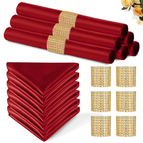 PRICES MAY VARY. Silky Table Napkins Sets: You will receive 50 pcs well-designed 12 x 12 inch(30cm x 30cm) satin napkins and gold napkin rings set of 50. A sufficient number of elegant cloth napkins can help you entertain a large number of guests, meeting your dining needs and the needs of various formal occasions. (Notice: Since our napkins are small (12 x 12 inch), the matching napkin ring is limited to rolling it up) Exquisite & elegant design: The combination of exquisite napkins and napkin Red And Black Decorations Party Decor, Red And Gold Quinceanera Decorations Main Table, Red And Gold Wedding Centerpieces, Red Gold Table Setting, Red And Gold Wedding Decorations, Red Black Gold Party Decoration, Red And Gold Quinceanera Theme, Formal Party Decorations, Red And Gold Quinceanera Decorations