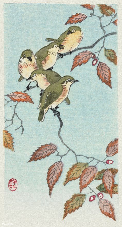 Birds on a branch (1900 - 1936) by Ohara Koson (1877-1945). Original from The Rijksmuseum. Digitally enhanced by rawpixel. | free image by rawpixel.com / Rijksmuseum (Source) Sculpture Textile, Japanese Bird, Art Chinois, Fun Images, Ohara Koson, Japanese Drawings, Free Illustration Images, Japanese Decor, Asian Painting