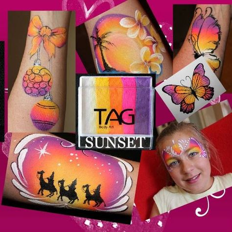 TAG sunset facepaint ideas | A face paint: arm/cheek | Pinterest ... Sunset Cake, Face Painting Tips, Sunset Rainbow, Christmas Face Painting, Easy Butterfly, Cheek Art, Girl Face Painting, Face Painting Ideas, Painting Station