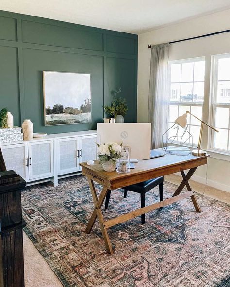 If you’re fortunate to be able to work from home, why not create a beautiful home office. Here are our favorite home offices from Instagram to get you inspired! This home office paint color is Current Mood by Clare. #wfh #homeoffice #paintcolors Transitional Home Office, Office Paint Colors, Home Office Decorating Ideas, Cozy Home Office, Office Remodel, Office Guest Room, Office Decorating, Dream Office, Office Makeover