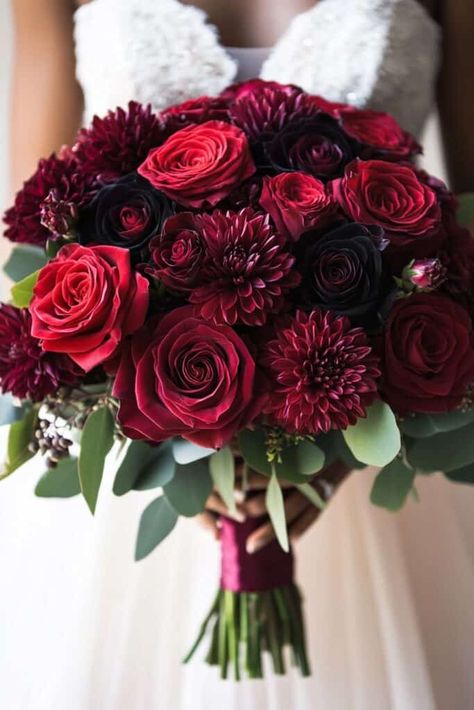 Burgundy Bouquets For Bride, Romantic Red Rose Wedding Theme, Red Roses Flower Arrangement, Red Bride Bouquet, Red Bouquet Flowers, Red And Purple Roses, Rose Bouquet For Wedding, Red Rose Wedding Bouquet, Dark Weddings