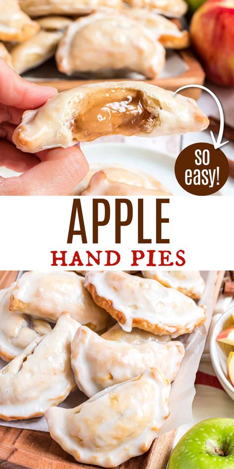 These Glazed Apple Hand Pies are the perfect fall treat. And in about 30 minutes, you'll have one of these delicious baked treats in your hands! Glazed Hand Pies, Glaze For Hand Pies, Baked Hand Pies Recipes Easy, Hand Pies With Premade Pie Crust, Apple Hand Pies Easy, Hand Held Apple Pies, September Baking, Mini Apple Hand Pies, Handheld Desserts