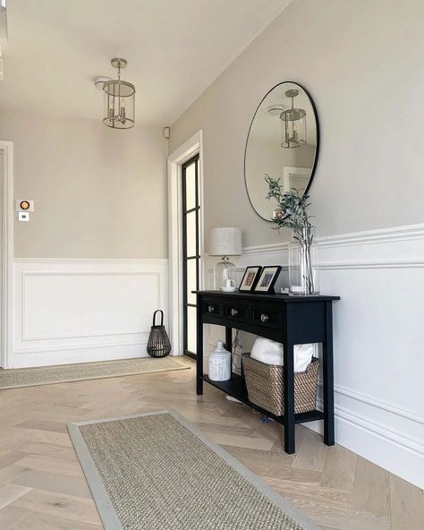 Hallway with ammonite walls and white panelling Ammonite Farrow And Ball, Ammonite Paint, Farrow And Ball Hallway, Hallway Panelling, Warm Grey Paint Colors, Warm Gray Paint, Elephants Breath, Herringbone Wood, Light Gray Paint