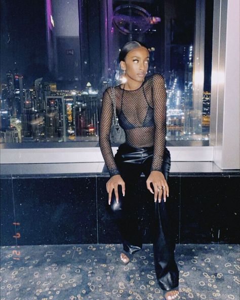 outfit idea black outfit black girl leather pant fishnet top transparent top Fishnet And Sneakers Outfit, Black Fishnet Top Outfit, Fishnets And Sneakers Outfits, Black Transparent Top Outfit, Transparent Top Outfit, Fishnet Top Outfit, Black Fishnet Top, Fishnet Shorts, Transparent Top