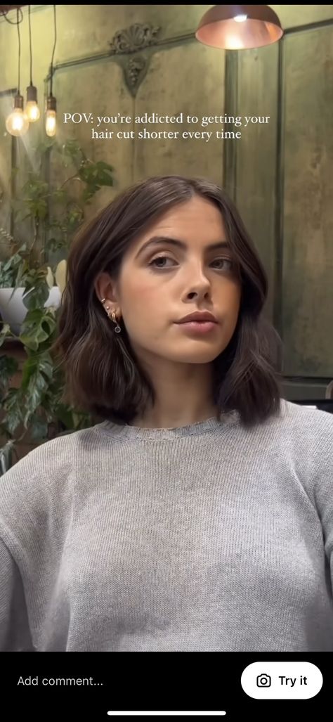 Short Hair For Straight Thick Hair, Shoulder Length Haircut Inspiration, Brunette Bob 2023, Thick Hair Choppy Bob, Short Hairstyle Women 30s Brunette, Dark Brown Lob Round Face, Selena Gomez Shoulder Length Hair, Rounded Short Hair, Short Brown Hair Face Framing Layers