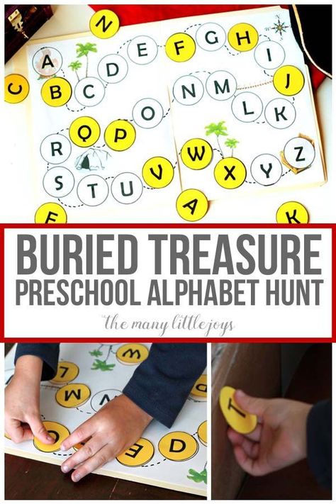 This simple printable "buried treasure hunt" preschool game is a great way to get your kiddos moving, learning the alphabet, and practicing essential preschool skills--like matching. Treasure Hunt Preschool, Pirate Alphabet, Alphabet Spanish, Pirate Preschool, Letters Preschool, Preschool Skills, Tracing Alphabet, Alphabet Handwriting, Practice Handwriting