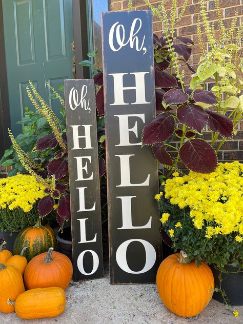 "Add just the right touch to your front porch entrance! Nothing says \"welcome\" more than \"Oh, Hello\".  Choose between a distressed black with white letters or a distressed Antique White with black letters. An outdoor rated sealer has been applied, however, I recommend placing in an area with less exposure to sun & weather to ensure the life of your new sign. Hanging hardware is not attached as this sign is intended to be a porch leaner. Custom orders are always welcome. Please contact me wit Oh Hello Porch Sign, Porch Entrance, Porch Outdoor, Cricket Ideas, Diy Furniture Decor, Front Porch Signs, Porch Welcome Sign, Hello Sign, Summer Porch