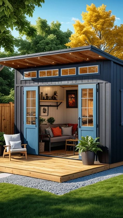 The perfect shed idea for your backyard!!  --- - Shed house ideas | Shed ideas | Shed organization | Shed storage | Shed plans | backyard shed ideas | tiny house ideas | cabin decor | cabin design ideas | Wood projects | Wood decor | wood shed plans | Tool storage diy | Tool storage ideas | Garden shed ideas | Gardening shed ideas | Rustic decor | Rustic home decor | Country home| Country farmhouse decor | Outdoor kitchen | outdoor seating | Garden seating | Guest room | Living room Shed Patio Ideas Backyards, Shed House Exterior Ideas, Storage Shed To Tiny House, Natural Wood Deck, Small Backyard Shed, Studio Shed Ideas, Office Sheds Backyard, Shed Office Interior, Backyard Storage Ideas