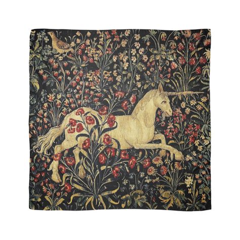 Microfiber polyester silky scarf with a slightly transparent effect. Vivid one side print, visible on the reverse. Modern Interpretation of an Antique Medieval Unicorn Floral Tapestry Design Medieval Tapestries, Medieval Unicorn, Unicorn Tapestry, Medieval Tapestry, Floral Tapestry, Silky Scarf, Haunted Mansion, Scarf Design, Lino Print