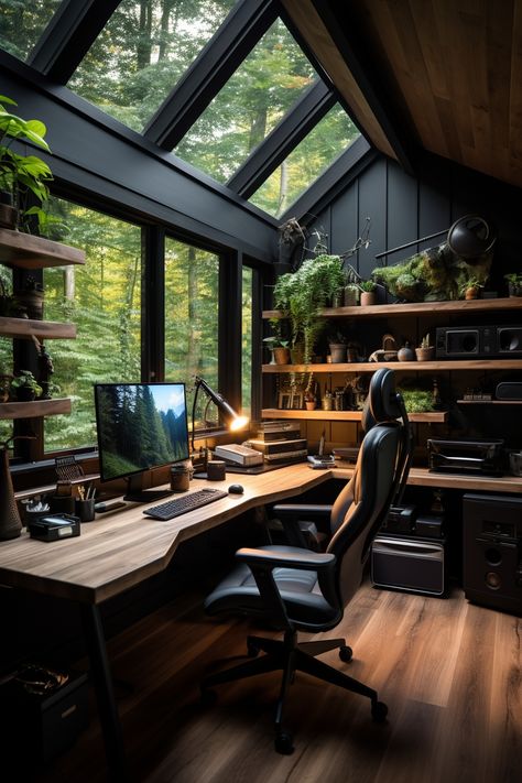 Modern Home Offices, Home Studio Setup, Inspire Me Home Decor, Hus Inspiration, Home Office Setup, Dream House Decor, Home Office Design, Large Windows, House Inspo