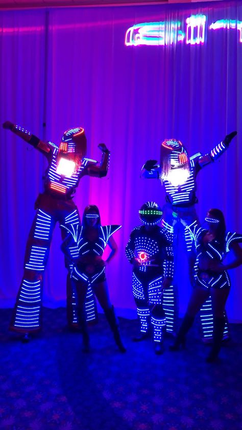 Glow Theme Party, Outside Birthday, Blue Robot, Fashion Show Themes, Led Costume, Robot Theme, Quince Decorations, Glow Birthday, Professional Dj