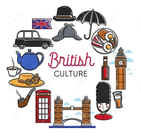 The culture of the United Kingdom is rooted in the country's long history. High tea is an integral part of British culture. The culture of the United Kingdom is rooted in the country's long history. British Stereotypes, England Culture, Symbols Illustration, Travel Symbols, Uk Culture, London Illustration, London Theme, About Phone, Vector Symbols