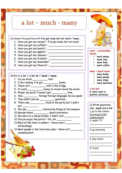 MUCH - MANY - A LOT OF - English ESL Worksheets Grammar Exercises, Free Classes, English Exercises, English Grammar Worksheets, Kids English, English Fun, English Classroom, English Resources, English Course