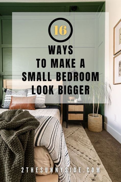 Transform your small bedroom layout with 16 brilliant ideas to create more space! Learn about furniture scale, the best paint color, accent walls, window treatments, wall colors, rugs, using natural light and the magic of mirrors. Discover how to make your room look bigger effortlessly! Side Accent Wall Bedroom, Small Room With Accent Wall, Bedroom Accent Wall Small Room, Bedroom With Painted Accent Wall, High Rectangle Windows Bedroom, Wall Color Small Bedroom, Bedroom Lighting Small Room, Dark Accent Wall Small Bedroom, Small House Accent Wall