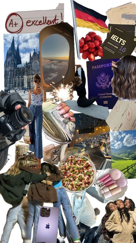 I'm longing foe an opportunity to study in germany in 2025 .so I customized this vision board for myself to achieve all the things I want and need. wish me luck 🙏🏼 Germany Vision Board, Vision Board Studying, Study Abroad Germany, Abroad Vision Board, Cambridge Ielts, Study In Germany, My Future Self, Vision Board Examples, Wish Me Luck