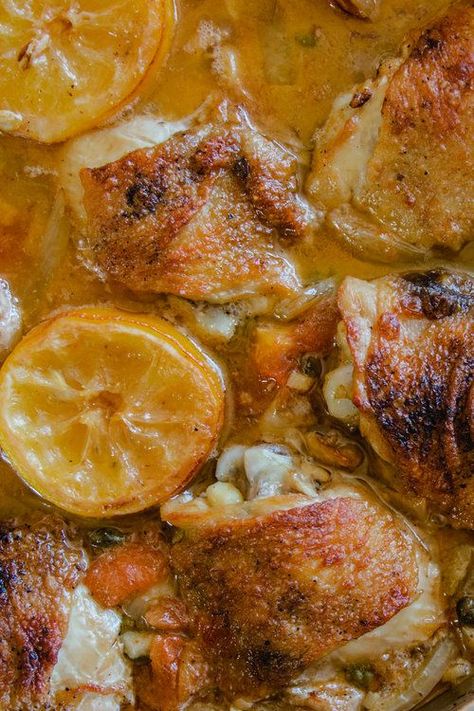 Lemon Caper Braised Chicken Thighs Sticky Chicken Thighs, Lemon Chicken Thighs, Braised Chicken Thighs, Sticky Chicken, Cast Iron Recipes, Lamb Shanks, Braised Chicken, Boneless Skinless Chicken Thighs, Smashed Potatoes