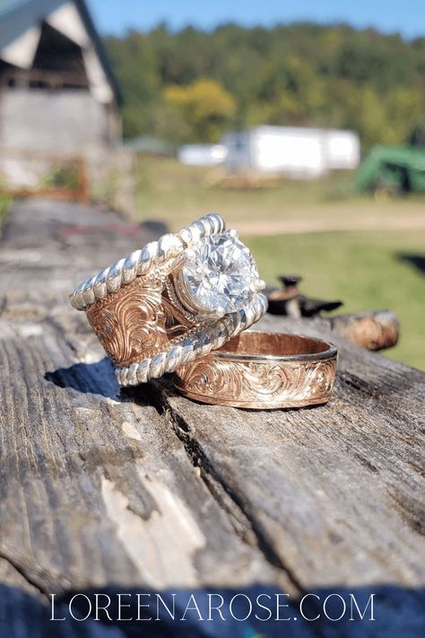 Western Wedding Rings Sets, Country Wedding Rings, Western Engagement Rings, Western Wedding Rings, Western Rings, Western Engagement, Country Theme Wedding, Cowboy Wedding, Boda Mexicana