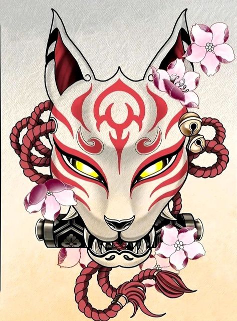 Japanese Oni Mask Drawing, Japanese Tattoo Art Draw, Japan Tatoos, Japanese Kitsune Mask Tattoo, Kitsune Mask Tattoo Design, Japan Tattoo Ideas, Okami Tattoo, Kitsune Mask Tattoo, Hannya Maske Tattoo