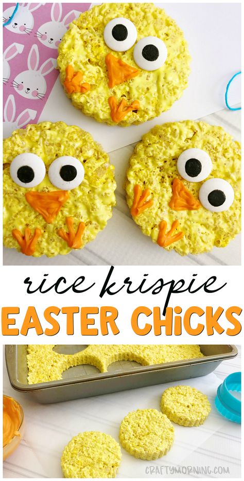 Make some cute rice krispie easter chicks for a Easter treat idea! Kids easter dessert idea. Easy to make and the kids can help. Spring time treat. Spring Snacks, Easy Easter Desserts, Easter Snacks, Easter Sweets, Spring Treats, Easter Desserts Recipes, Easter Baking, Easter Goodies, Spring Desserts