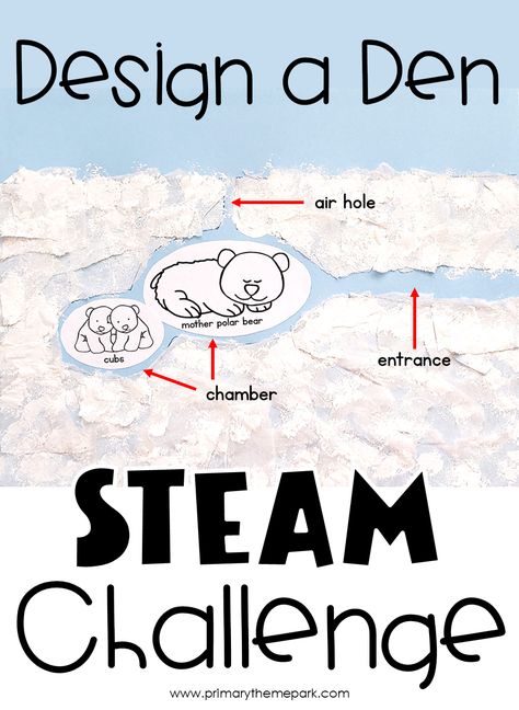 Learn all about polar bear dens and why they build them with this fun design a den polar bear STEAM activity for kids.  It's the perfect activity to add to your polar bear unit this winter! Hibernation Steam Activities, Polar Habitat Activities, Polar Bear Unit Study, Polar Bear Stem Activities, Bear Unit Kindergarten, Polar Bear Activities For Kindergarten, Polar Bear Habitat Project Kids, Polar Bear Activities For Kids, Polar Bear Kindergarten