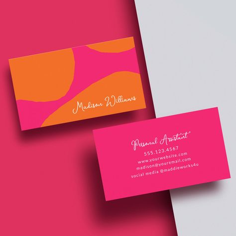 Get noticed with this bright and bold hot pink and orange abstract business card, just perfect for so many professions. Whether you are self-employed, work in a boutique or salon, or in a professional office building, this card is a winner! Personalize this fabulous card with your name on the front and business info on the back. The text template has a modern trendy font pairing of handwritten script mixed with contemporary sans serif. You can add or remove lines of text by selecting "edit using Logo Chat, Pink Business Card, Hello People, Text Template, Business Card Inspiration, Jewelry Instagram, Modern Card, Letterhead Design, Professional Office